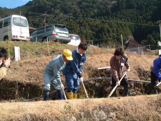 あぜそりの指導を受ける三重大生