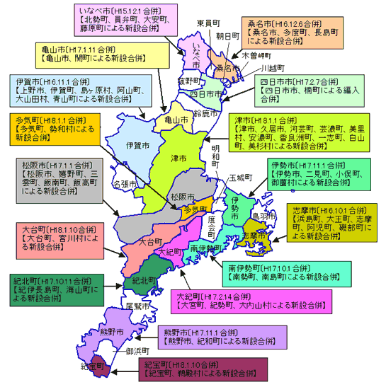 三重県の市町村合併状況図