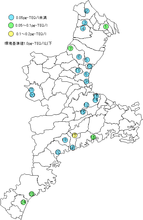 平成13年度ダイオキシン類地下水調査結果(地図)