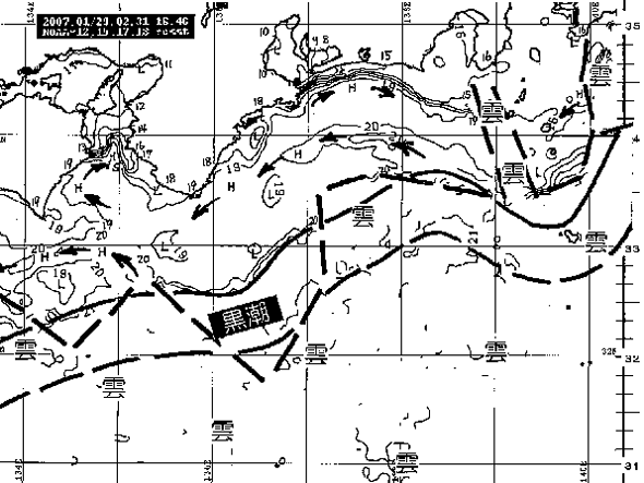 人工衛星海況速報2007-14号(1月29日)による海面水温分布