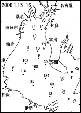 ボンゴネットによるイカナゴ仔魚採集量（１月15日～16日）