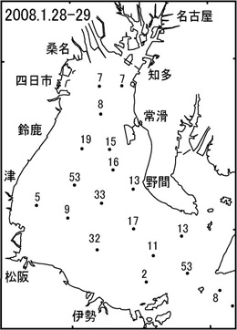 ボンゴネットによるイカナゴ仔魚採集量（１月28日～29日）