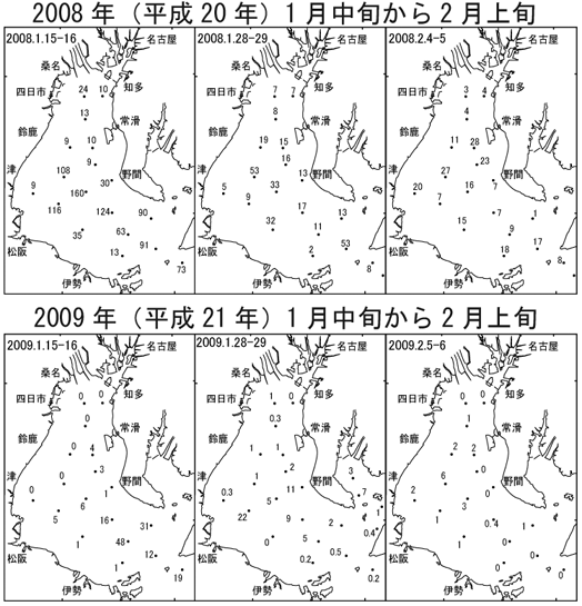 イカナゴ仔魚採集数水平分布