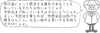 性行為によって感染する病気があることを知っている子たちは多いようじゃが、予防法まで知っている子は少ないようじゃの。正しい予防法を覚えれば、性感染症は防げる病気なんじゃ。お互い相手を思いやる気持ちが大切じゃよ。