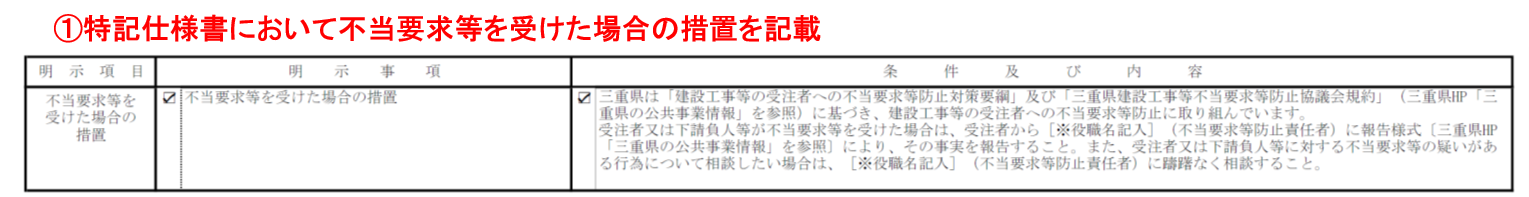 特記仕様書において不当要求等を受けた場合の措置を記載